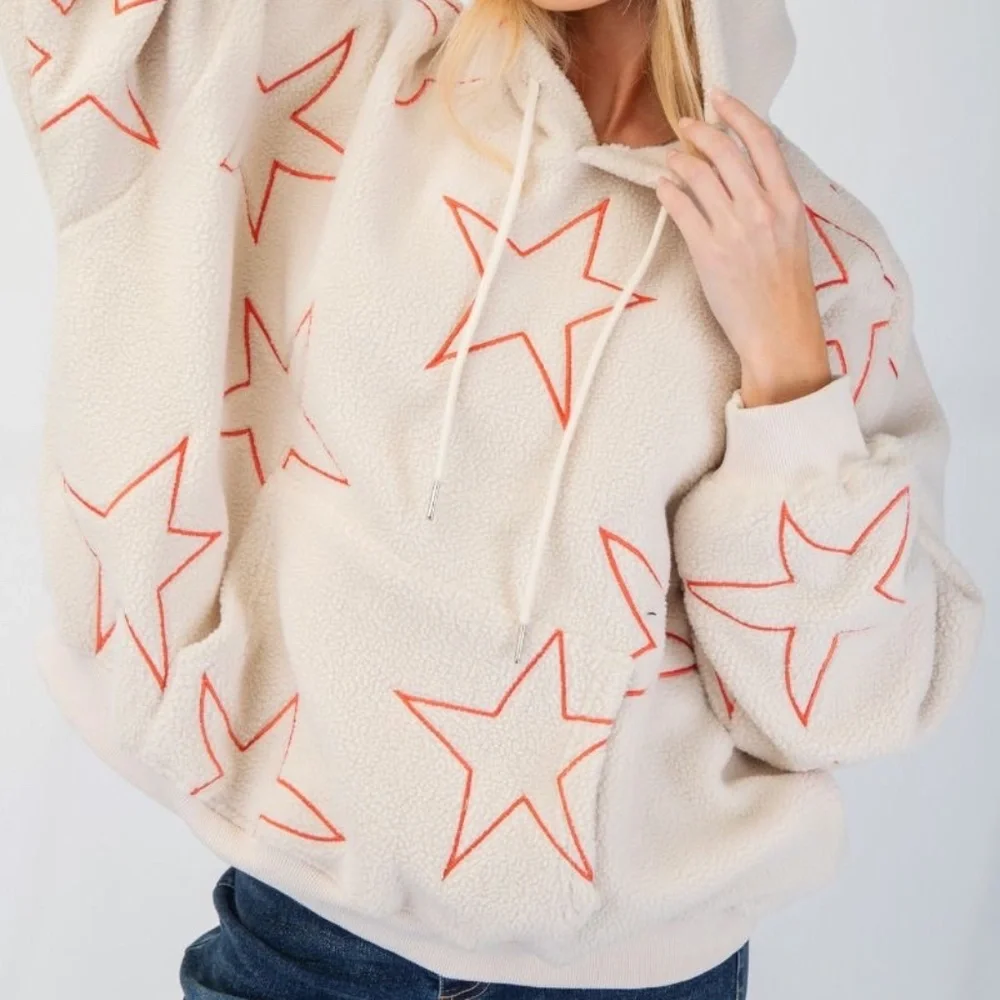 NEW EASEL STARFISH STAR SHERPA COZY HOODIE SWEATSHIRT KANGAROO POCKET PULLOVER - Picture 5 of 6